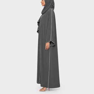 Premium Quality Of Open Front <b>Abaya</b> Set With Matching Hijab Ankle Length Long Sleeve White Piping Modest Women wear - Product Image 3