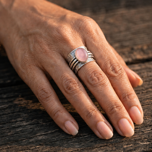Soft Pink Rose quartz Silver Plated Handmade Tribal Spinner Gemstone <b>Ring</b> for Unisex Men Women - Product Image 3