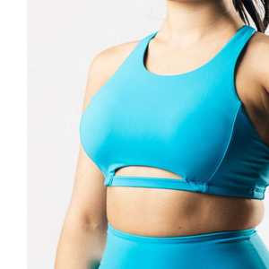 Women <b>Halter</b> <b>Neck</b> Sports <b>Bra</b> Cut-Out Design Medium Support Breathable Solid Color Fitness Wear Blue - Product Image 4