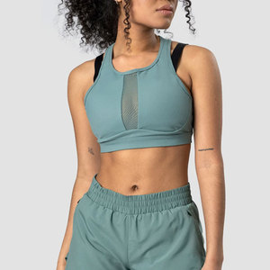 Soutien-gorge de sport respirant en tissu anti-boulochage pour femme avec panneau avant en maille, vêtements de gym tendance, ensemble de yoga actif en nylon compressif et rembourré - Product Image 1