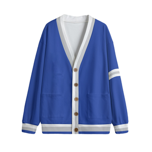 Cardigan en molleton épais bleu roi et blanc, style universitaire décontracté, col en V, fermeture boutonnée, tricot rétro, essentiel hiver streetwear - Product Image 1
