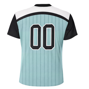 Maillot de softball personnalisé Fusion à sublimation intégrale, col boutonné, bleu sarcelle et noir à fines rayures, uniforme d'équipe avec numéro au dos - Product Image 3