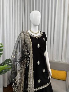 Conjunto Palazzo de Georgette Negro para Mujer, Traje Indio Pakistaní Bordado, Sin Mangas, para Fiestas y Bodas - Product Image 3