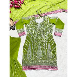 Hermoso Conjunto Sharara Verde Bordado con Top y Dupatta, Ropa India y Pakistaní, Talla L, Marca NF - Product Image 6