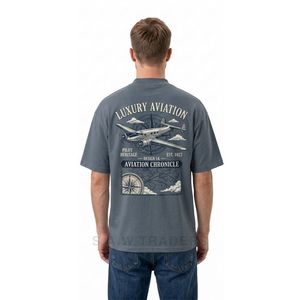 T-shirts bleu ardoise à épaules tombantes avec imprimé graphique aviation de luxe au dos, inspirés du voyage, style streetwear urbain décontracté - Product Image 2