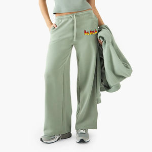 Custom Casual Jogger Sweatpants Women 380 Grams Cotton Fleece Summer Solid Color <b>Lace</b> Embroidery Flat <b>Elastic</b> Waist Comfortable - Product Image 1