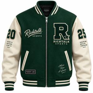 <b>Men's</b> Green <b>Cream</b> Varsity <b>Jacket</b> Embroidered Letter R Zipper Closure Preppy Style Autumn Wear - Product Image 1