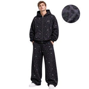 Custom Leopard <b>Camo</b> Print Rhinestone Zip Up Boxy <b>Men</b> <b>Hoodies</b> Oversized Wide Leg Joggers 100% Cotton 450 GSM Fleece Drop Shoulder - Product Image 1