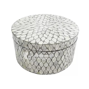 Mosaic Inlaid <b>Box</b>, Round Mother of Pearl Inlaid Wooden Jewelry <b>Box</b>, Daisy Pattern MOP Decorative Canister for <b>Keepsakes</b> & Vanity - Product Image 2