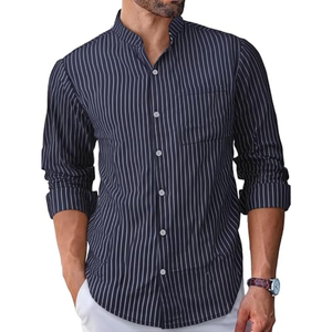 Men’s Linen Cotton <b>Banded</b> <b>Collar</b> <b>Shirt</b>, Striped Mandarin <b>Collar</b> Long Sleeve Button Down Collarless Casual <b>Shirt</b> - Product Image 2