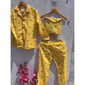 Women Cotton Pajama <b>Set</b> Yellow Stripe Heart Print Nightwear With Pouch Button Down Sleepwear Soft Breathable <b>Lounge</b> <b>Set</b> - Product Image 1