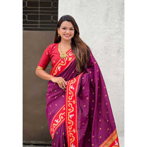 Sari en soie Paithani Rajhans tissé en zari magenta, châle indien haut de gamme, tissages d'élite, 650g - Product Image 5