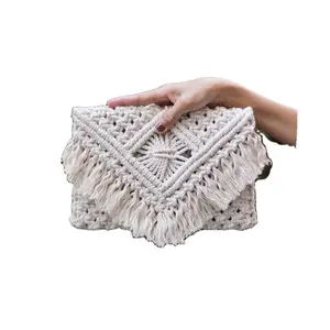 Eco Friendly Macrame Wallet With Fringes Boho Cotton Hand Woven Macrame Clutch Bag Hand Purse For Gift