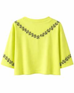 Camiseta Corta de Mujer Color Verde Neón, Bordado Floral Minimalista, Manga Corta, Informal, Mezcla de Algodón Suave, Top de Verano para Mujer, Venta al Por Mayor - Product Image 2