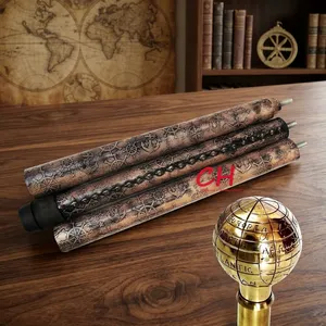 Canne de marche antique en métal avec poignée globe gravée, motif géométrique rond, décoration d'intérieur, objet de collection - Product Image 1