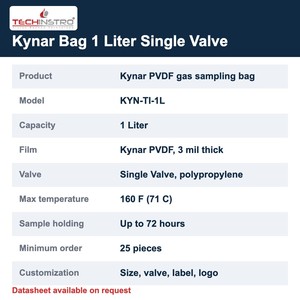 Bolsa de Muestreo de Gases TECHINSTRO Kynar de 1 Litro, Bolsa de Película de PVDF con Válvula Única a Prueba de Fugas para Muestreo de Olores VOC y Aire - Product Image 6