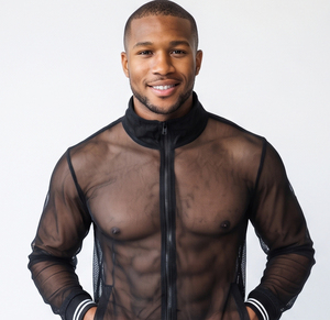 Ensemble de survêtement en maille transparente sexy avec veste zippée et pantalon de jogging transparent 100% polyester, survêtement en maille sexy unisexe pour club - Product Image 3
