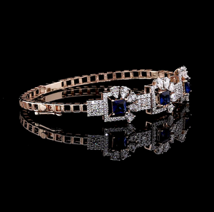 Bracelet floral en saphir bleu taille princesse et diamants, pierres précieuses rondes et marquises, en argent sterling 925, or 10K, 14K, 18K, bijoux fins - Product Image 1
