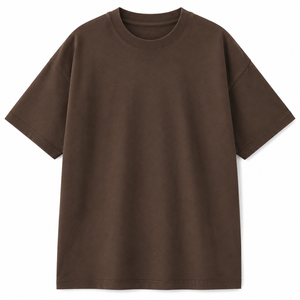 เสื้อยืดโอเวอร์ไซส์ผู้ชาย แขนสั้น สีน้ำตาลล้วน คอกลม ทรงลำลอง ผ้าเจอร์ซีย์ถัก ย้อมสีพื้น - Product Image 1