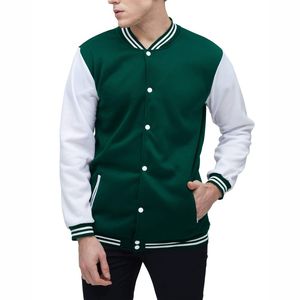 Chaqueta Varsity Unisex Verde y Blanca, Corte Regular, Cierre de Botones Cubiertos, Ropa Casual de Invierno, Lana, Resistente al Viento, Color Sólido - Product Image 4