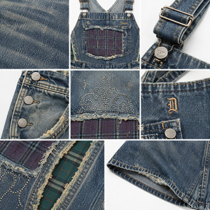 <b>Tartan</b> Check Faded Blue Jean <b>Trousers</b> Slouchy Hip Hop Urbanwear Distressed Overalls With Embroidered Motif - Product Image 4