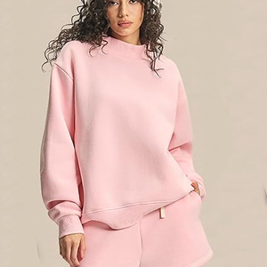 Women's Pink Oversized Turtleneck Sweatshirt Drop Shoulder Long Sleeve Solid Color Knitted 100% Cotton Autumn Wear - Product Image 4