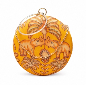 Yellow Elephant Embroidered Round Clutch Premium Fabric <b>Handbag</b> with Raw Silk Interior Dual Side Design and Sling <b>Chain</b> - Product Image 3