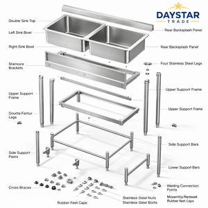 Évier de cuisine double en acier inoxydable Daystar Trade Commercial, surface brossée, fabrication artisanale, design moderne, OEM personnalisé - Product Image 4