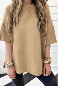 T-shirts amples pour femmes, délavés à l'acide, à manches courtes, avec coutures apparentes, épaules tombantes, délavés aux minéraux, couleurs unies, style décontracté - Product Image 4