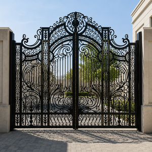 Puerta doble de hierro forjado negro de lujo con intrincados adornos en volutas, cresta arqueada con detalles dorados y elegante diseño de entrada residencial. - Product Image 4