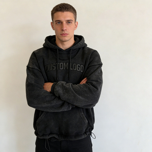 Sweat-shirts noirs pour hommes, coupe classique, effet délavé, avec logo personnalisé en relief, poche en polaire, style streetwear décontracté, ornés de strass, 100% coton, hiver - Product Image 1