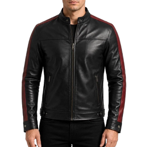 Custom Men's Genuine Leather <b>Biker</b> <b>Jacket</b> Premium Zip Up Motorcycle <b>Jacket</b> with Contrast Panel Sleeves for Streetwear and Casual - Product Image 1