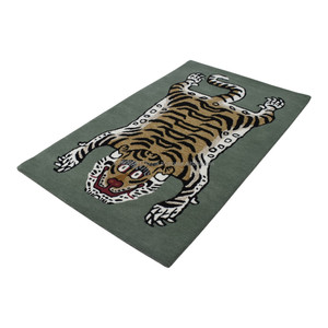Hand Tufted <b>Tibetan</b> <b>Tiger</b> Rectangle Area <b>Rug</b>-Low Pile Wool Green Logo Pattern Bulk Wholesale - Product Image 1