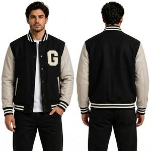 Cream Beige Monochromatic Minimalist Aesthetic Premium Quality <b>Brushed</b> Fleece Letterman Varsity Jackets - Product Image 6