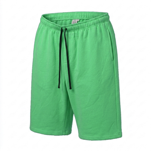 Shorts en molleton de coton et polyester vert vif pour homme, avec cordon de serrage, décontractés, respirants, séchage rapide, longueur mi-longue, couleur unie, tricotés - Product Image 2