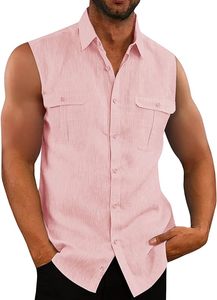 Chemise sans manches boutonnée personnalisée pour homme en lin et coton, débardeur basique d'été pour la plage, T-shirt Cor Men - Product Image 4