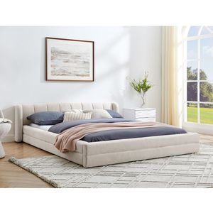 Letto matrimoniale imbottito con testiera in tessuto ciniglia spesso e piattaforma in legno massello - Product Image 2