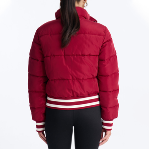 Chaqueta de Invierno Acolchada para Mujer, Color Sólido, con Cierre, Cuello Alto, Relleno Grueso de Poliéster, Corta, Color Rojo - Product Image 2