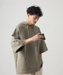 เสื้อฮู้ดแขนสั้นผ้าเฟรนช์เทอร์รี่พรีเมียมเนื้อหนา ผลิตจากโพลีเอสเตอร์/คอตตอน เป็นมิตรต่อสิ่งแวดล้อม |   เสื้อสเวตเชิ้ตทรงหลวมสีเขียวมะกอกสำหรับฤดูร้อน | - Product Image 2
