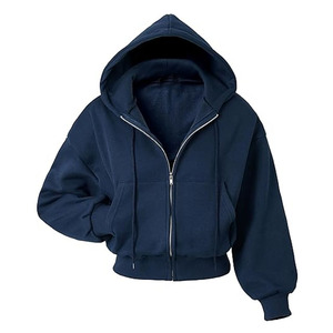 <b>Women's</b> <b>Navy</b> Blue Cropped <b>Hoodie</b> Zip-Up Sweatshirt Regular Sleeve Solid Color Knitted Cotton Autumn Wear - Product Image 1