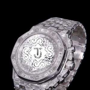Montre de luxe pour homme, ronde, entièrement sertie de diamants Moissanite VVS, cadran blanc, bracelet argenté, cadran analogique blanc, montre-bracelet de luxe. - Product Image 5