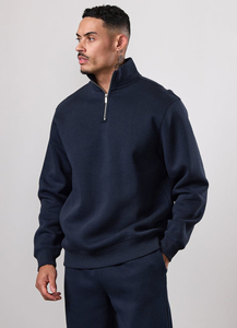Men's Navy Blue Half-<b>Zip</b> Sweatshirt Full Sleeve Solid Color Casual Midweight 100% Cotton Sweatsuit Set Regular Fit Autumn Wear - Product Image 4