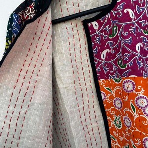Veste en coton matelassée respirante pour femme, style Kantha Patchwork, col en V, manches longues, fermeture à points ouverts, ethnique, printemps - Product Image 2