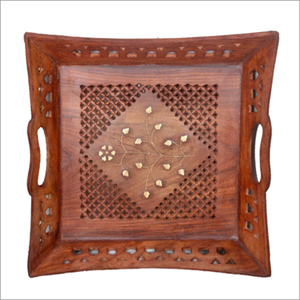 Plateau de service marocain en bois de manguier fait main, décoré d'un motif floral sculpté à la main, avec poignées, pour les en-cas, le café et le thé - Product Image 5