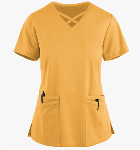 เสื้อสครับผู้หญิง คอวี แขนสั้น สีเหลืองมัสตาร์ด ชุดยูนิฟอร์มโรงพยาบาล มีกระเป๋าหน้าและดีไซน์ไขว้หลัง - Product Image 1