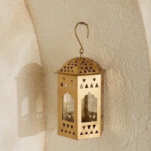 Artisan Gold Metal <b>Moroccan</b> Hanging Lantern with Glass Panels Decorative Candle Holder for Ramadan Home Garden <b>Decor</b> - Product Image 2
