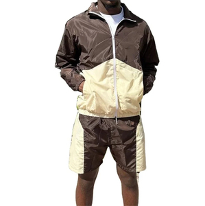 Men Color Blocking Windbreaker Tracksuit Set Lightweight 100% Cotton Sporty Style Full Sleeve Half-<b>Zip</b> Jacket Drawstring Shorts - Product Image 1