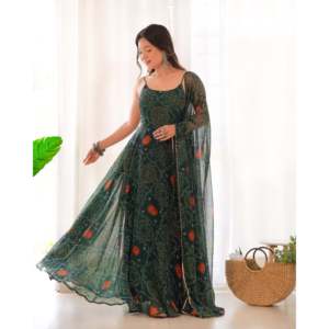 Robe Anarkali et pantalon à imprimé floral avec dupatta pour les fêtes, en tissu de chiffon - Product Image 1