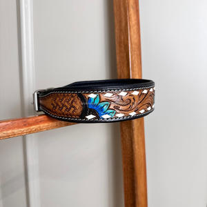 Handcrafted <b>Padded</b> Leather Tooled Dog Collar with Blue Sunflower Premium Genuine Leather Handmade Floral Heavy Duty Dog Collars - Product Image 2