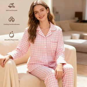 Ensemble de pyjama en coton à carreaux pour homme et femme, chemise et pantalon, manches longues, boutonné, vente en gros - Product Image 3